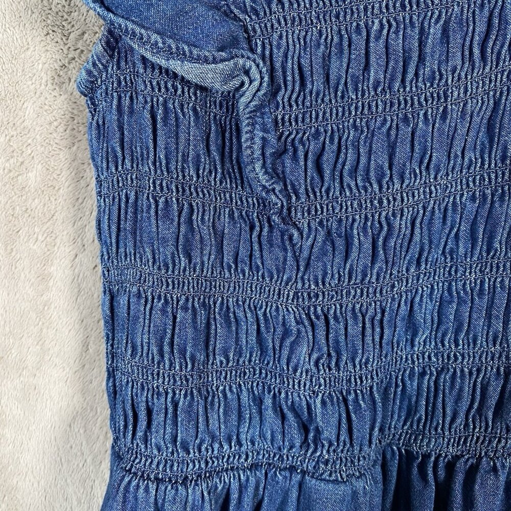 GAP 100% Organic Cotton Denim Ruffle Sleeve Smocked Midi Dress Size S Pockets - Picture 7 of 15